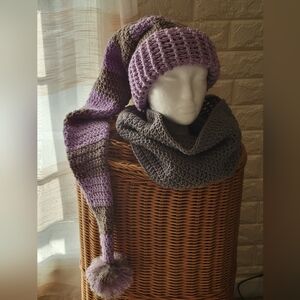 Stocking Hat And Cowl Set Lavender Gray 35" Long Unique Stylish Winter Fall